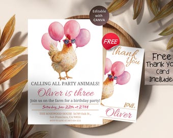 Plantilla de invitación de cumpleaños de pollo, fiesta de animales de granja, invitación editable, descarga digital
