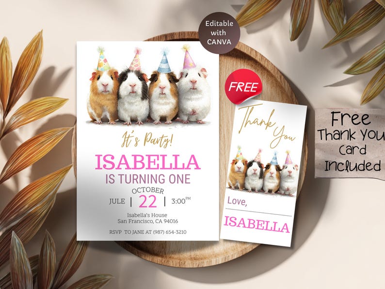 Editable Guinea Pig Birthday Invitation, Cute Animal Party Template for ...