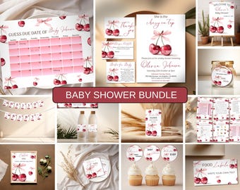 Cherry Baby Shower Bundle, Cherry on Top Girl Baby Shower Invite Set, Pink Bow Coquette Baby Shower, Editable Cherry Invitation Templates