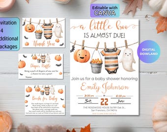 Halloween Baby Shower Invitation Bundle, Editable Little Boo Template, Fall Pumpkin Ghost Baby Shower Invite