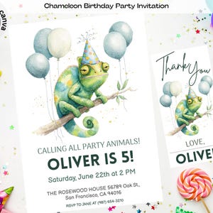Editable Chameleon Birthday Canva Invite Template, Party Animal Invitation, Editable Reptile Card, Kids Celebration, Chameleon Invite