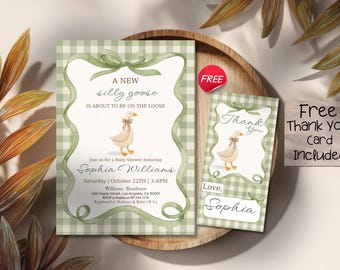 Green Gingham Silly Goose Baby Shower Invitation, A New Silly Goose Is On The Loose Invite