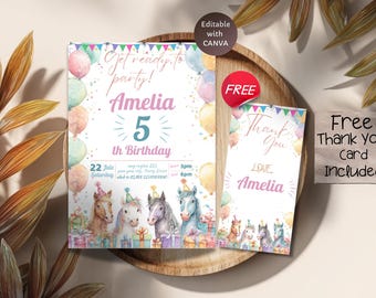 Horse Birthday Invitation, Editable Pony Party Invite, Pastel Animal Theme Birthday, Girl Horse Party Template, Digital Download