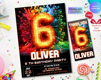 6th Birthday Invitation, Editable Kids Party Template, Building Blocks Number Invite, Colorful Birthday Design