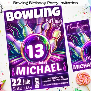 Editable Bowling Birthday Invitation, Glow Bowling Invitation, Neon Birthday Party, Colorful Kid Bowling Party Card, Colorful Bowling Invite
