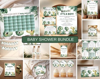 Editable Dinosaur Baby Shower Invitation Bundle, Green Dino Invitation & Games Set, Boy Baby Shower Decorations