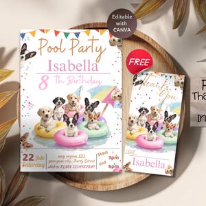 Könnte beinhalten: Ein Set aus Party-Einladungen und Dankeskarten mit Illustrationen von Welpen in aufblasbaren Ringen. Die Einladung lautet "Pool Party Isabella 8th Birthday" mit Veranstaltungsdetails. Auf der Dankeskarte steht "Thank You Love Isabella".