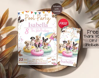 May include: A party invitation and thank you card set featuring illustrations of puppies in inflatable rings. The invitation reads "Pool Party Isabella 8th Birthday" with event details. The thank you card says "Thank You Love Isabella".