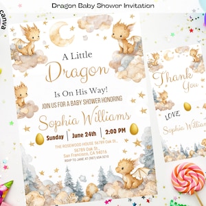 Editable Dragon Baby Shower Invitation, Dragons Baby Shower Invite, Magical Fantasy Mythical Medieval Watercolor, Dragon Invite