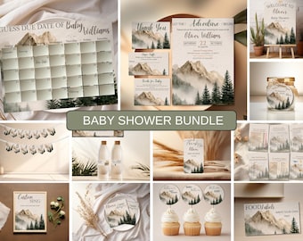Kit de Chá de Bebê Aventura Editável, Conjunto de Convites para Chá de Bebê na Montanha e Floresta, Pacote de Decoração para Chá de Bebê Unissex com Tema de Bosque