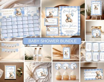 Gingham Teddy Bear Baby Shower Bundle, We Can Bearly Wait Baby Shower Set, Vintage Bear Invitation & Games