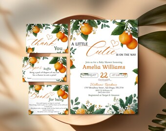 Little Cutie Baby Shower Invitation Bundle, Orange Citrus Baby Shower Invite, Gender Neutral Baby Shower, Orange Theme Party