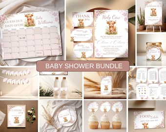 Highland Cow Baby Shower Invitation Bundle, Editable Pink Farm Theme Baby Shower Games & Decor