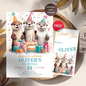 Plantilla de invitación de cumpleaños de nutria, linda invitación de fiesta de animales de río, plantilla editable, descarga instantánea