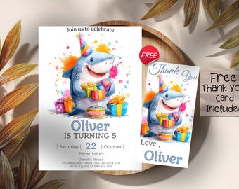 Invito di compleanno a tema squalo modificabile, invito per festa sottomarina, modello per compleanno bambini a tema oceano, festa stampabile a tema squalo