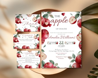Paquete de invitaciones para baby shower de manzana, invitación "La Niña de Nuestros Ojos", temática de manzana otoñal, fiesta de baby shower de cosecha
