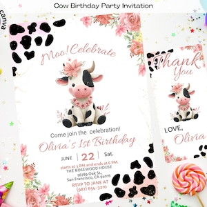 Editable Cute Cow Birthday Invitation Template, Cow Birthday Invitation, Cowgirl Invitation, Farm Animal Birthday Invite, Digital Kid Invite