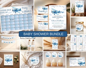 Blue Airplane Baby Shower Bundle, Vintage Plane Baby Shower Invitation Set, Travel Baby Shower Decor, Oh Boy Airplane Shower Games