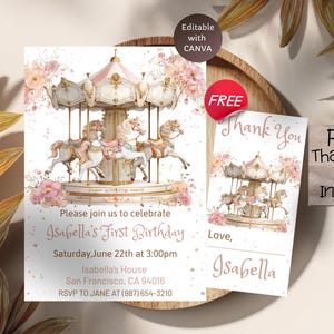 May include: A carousel-themed invitation and thank you card set. The invitation features a carousel with horses and floral accents. Text includes "Isabella's First Birthday" and RSVP details. A "Thank You" card is also included.