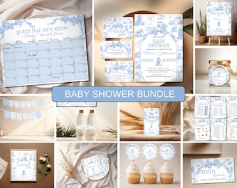 Blue Toile Safari Baby Shower Bundle, Editable Invitation & Games Printable Set