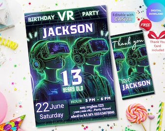 Invitación de cumpleaños de realidad virtual, invitación a fiesta de gamer neón, plantilla editable, tema de realidad virtual