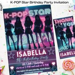 Editable K-Pop Birthday Invitation, Neon K-Pop Theme Invitation, K-Pop Star Invite, K-Pop Party Invite, Girl Birthday Invitation