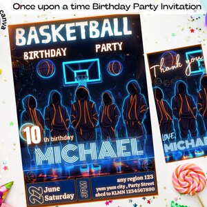 Editable Basketball Birthday Party Invitation, Basketball Theme Birthday Invite for Boys Teens Kids, Neon Basketball Party Card, Boys Invite