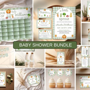 Op de afbeelding: Een verzameling baby shower briefpapier met een groen en wit ruitpatroon en groente-illustraties. Bevat een kalender, uitnodigingen, bedankkaarten en cupcake toppers. De tekst "Baby Shower Bundle" wordt weergegeven.