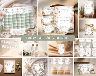 Könnte beinhalten: Eine Sammlung von Babyparty-Dekorationen und Schreibwaren mit einem skurrilen Feen-Thema. Enthält einen Kalender, Einladungen, Dankeskarten, Cupcake-Topper und ein Willkommensschild. Die Farbpalette umfasst sanfte Rosa-, Grün- und Beigetöne.
