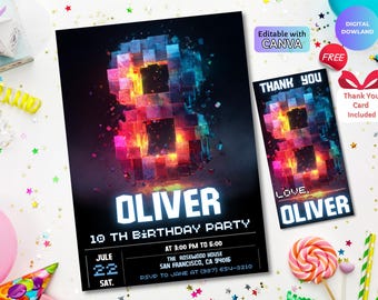 May include: A black birthday party invitation with the name "OLIVER" in white block letters. The number "8" is rendered in a pixelated, colorful design. A matching thank you card is included. The invitation includes the date, time, and location.