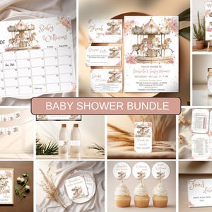 May include: A baby shower bundle featuring carousel-themed stationery. Includes a calendar, invitations, thank you cards, banner, cupcake toppers, and food labels. The design incorporates soft pink and beige tones with floral accents, creating a cohesive and elegant theme.