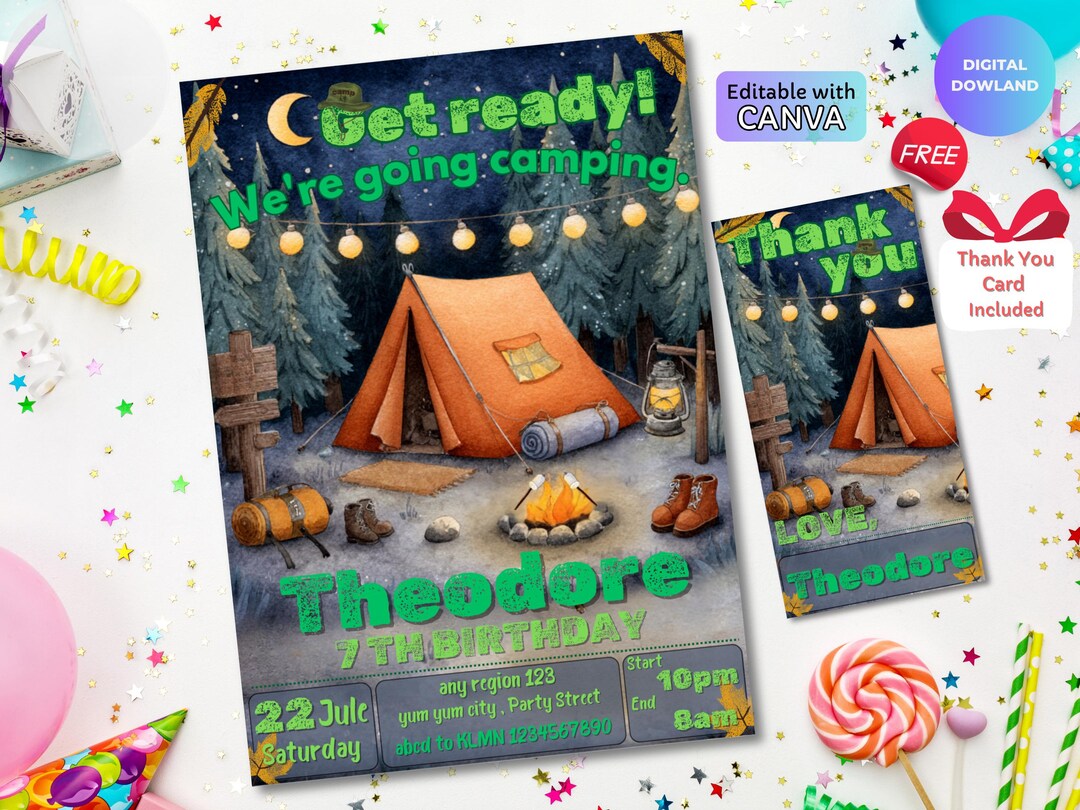 Camping Birthday Invitation, Forest Adventure Party Invite, Editable ...