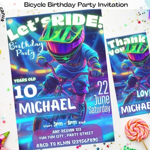 Modèle d'invitation d'anniversaire de vélo BMX modifiable, invitation de fête BMX Canva modifiable pour les enfants, thème d'anniversaire de sports extrêmes, invitation de garçon