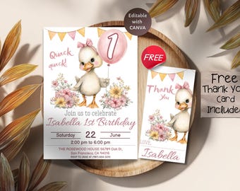 Editable Duck Birthday Invitation, 1st Birthday Girl Party Invite, Farm Animal Baby Shower, Pastel Duckling Party Template