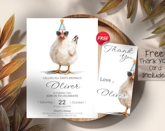 Invitación de cumpleaños con pollito adorable, invitación de cumpleaños con animales de granja, plantilla editable, imprimible para fiesta en la granja