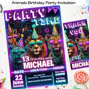 Convite de aniversário editável com animais para festa, convite divertido com tema de animais, cartão de festa com animais neon, convite de aniversário com animais