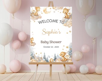 Tabliczka powitalna z motywem smoka na baby shower, dekoracja na baby shower w stylu fantasy, tabliczka z motywem magicznego mitycznego smoka