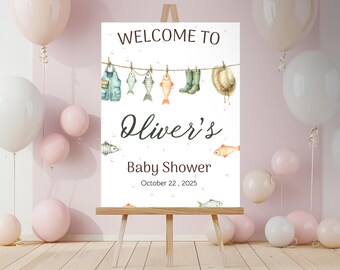 Letrero de bienvenida para baby shower de pescador, póster para baby shower de pequeño pescador, decoración para baby shower con temática de pesca
