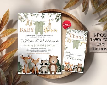Woodland Baby Shower Invitation Template, Neutral Forest Animals Baby Shower Invite