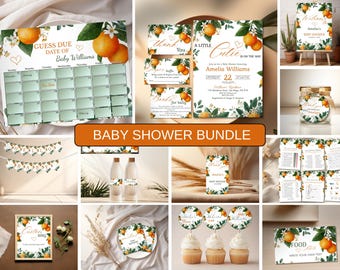 Little Cutie Baby Shower Bundle, Orange Baby Shower Invitation Set, Citrus Baby Shower Games Pack