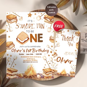 May include: A birthday invitation with a s'mores theme. The invitation reads "It's S'more Fun to be One" and includes details for Oliver's first birthday. The design features illustrations of s'mores, marshmallows, and a campfire. A free thank you card is included.