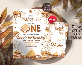 S’mores Birthday Invitation, Bonfire Campfire Party Invite, Camping Theme 1st Birthday, Editable Template, Digital Download