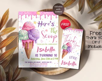 Ice Cream Birthday Invitation, Summer Party Invite, Editable Template, Ice Cream Theme, Kids Birthday