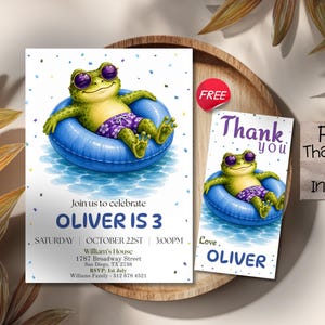 May include: A birthday invitation and matching thank you card featuring a green frog wearing purple sunglasses and purple floral swim trunks, floating in a blue inner tube on water. The text reads: Join us to celebrate OLIVER IS 3.