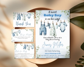Uitnodigingsbundel babyjongen douche, blauwe babykleding thema, bewerkbare sjabloon, jongens babyshower uitnodigen, digitale download