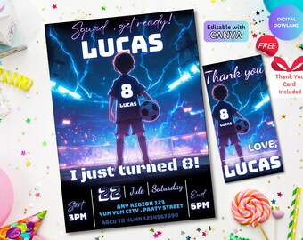 Soccer Birthday Invitation, Editable Football Party Template, Neon Sports Theme, Digital Download