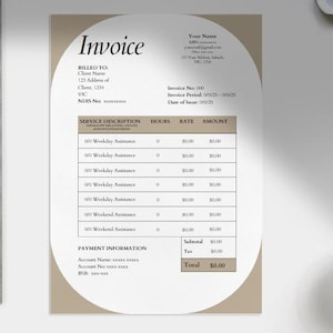 以下が含まれることがあります： 「Invoice」というタイトルの請求書。請求詳細、サービス内容、支払い情報が記載されています。金属製の定規、ペン、コーヒーカップが白い表面に置かれています。