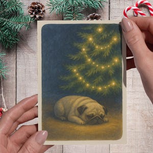 Biglietto di Natale fai da te con carlino - Simpatico cane che dorme sotto l'albero / Biglietto di auguri per le feste / Biglietto di Natale stampabile per amanti degli animali / Cane acquerello