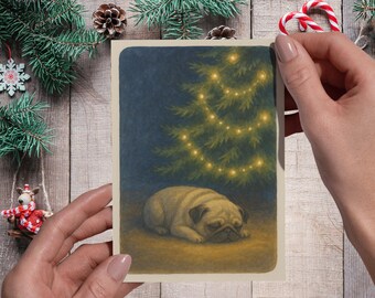 Watercolor Pug Christmas Card – Sleeping Dog, Holiday Pet Card (PDF)