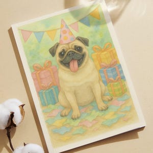 Pug Birthday Card: Watercolor Dog Party Invitation (PDF Download A5 Size 300 DPI)